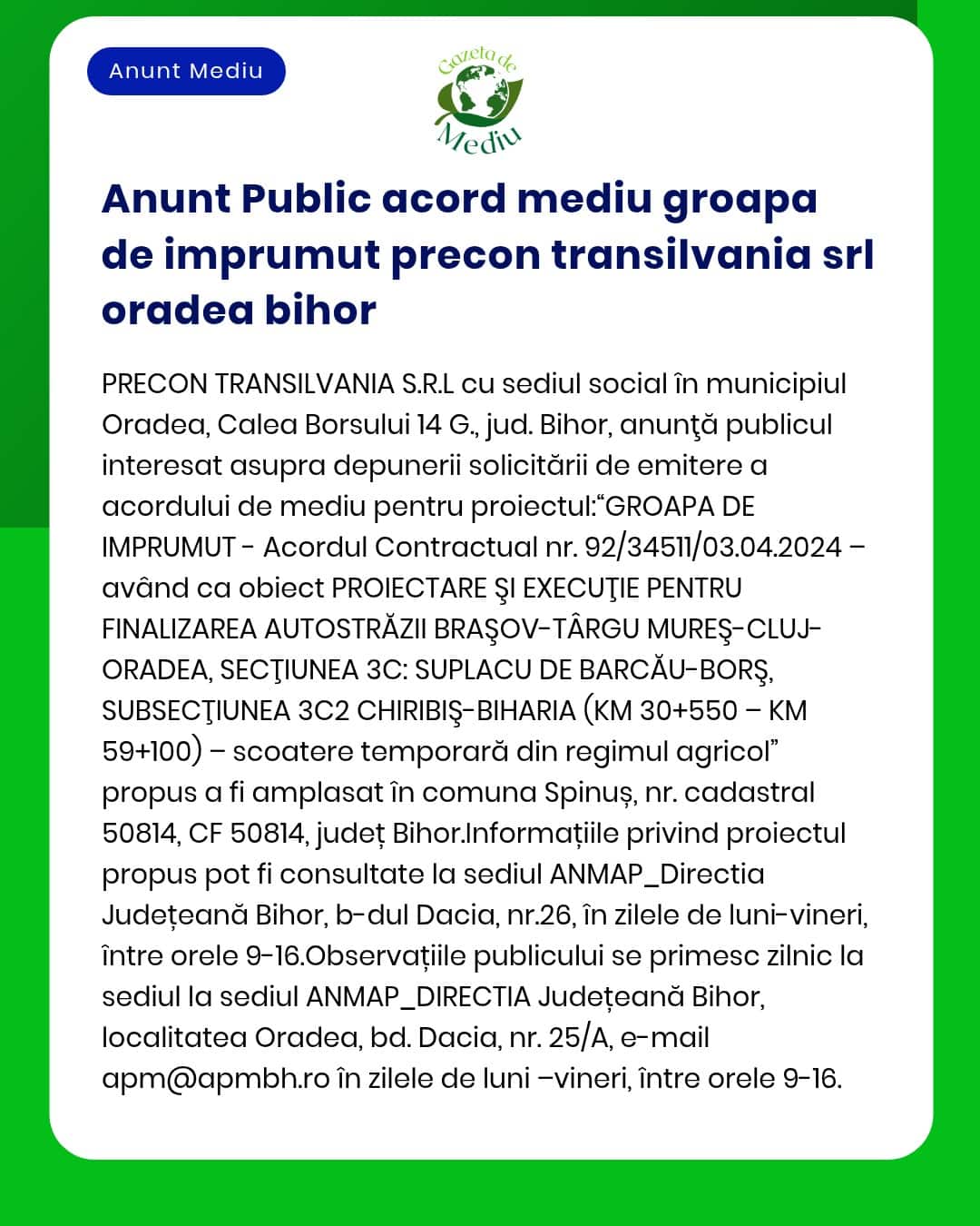 Anunt Public acord mediu groapa de imprumut precon transilvania srl or
