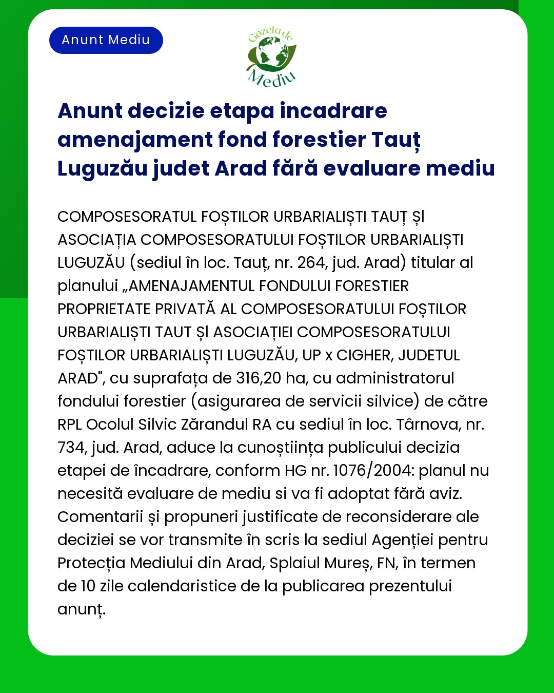 Anunt decizie etapa incadrare amenajament fond forestier Tauț Luguzău