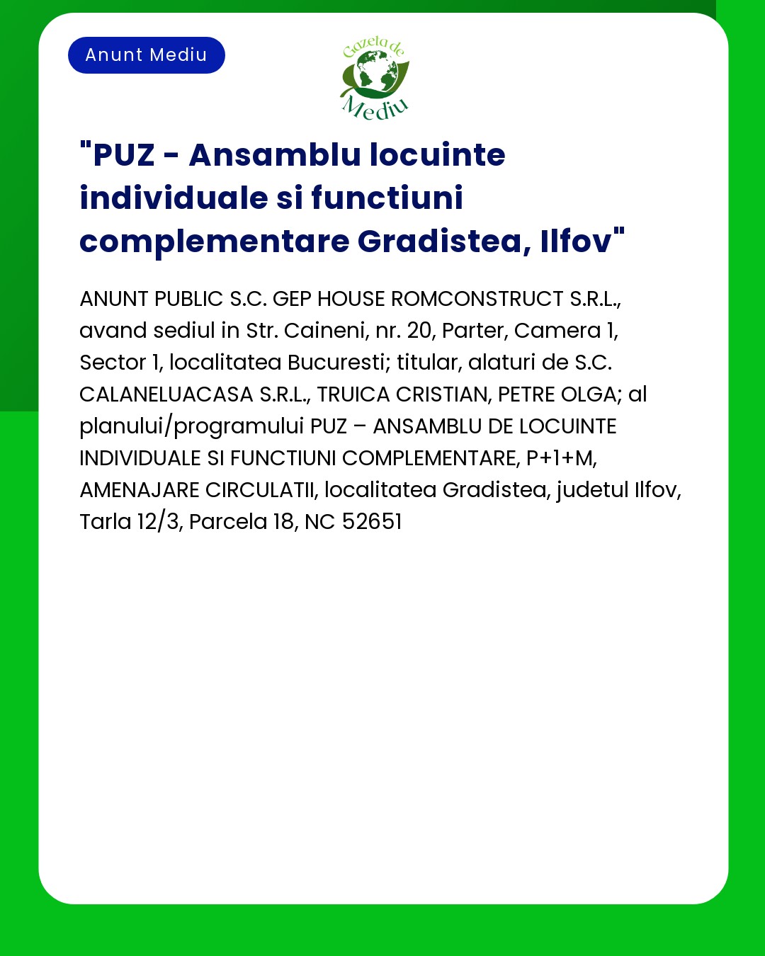 PUZ - Ansamblu locuinte individuale si functiuni complementare Gradistea Ilfov