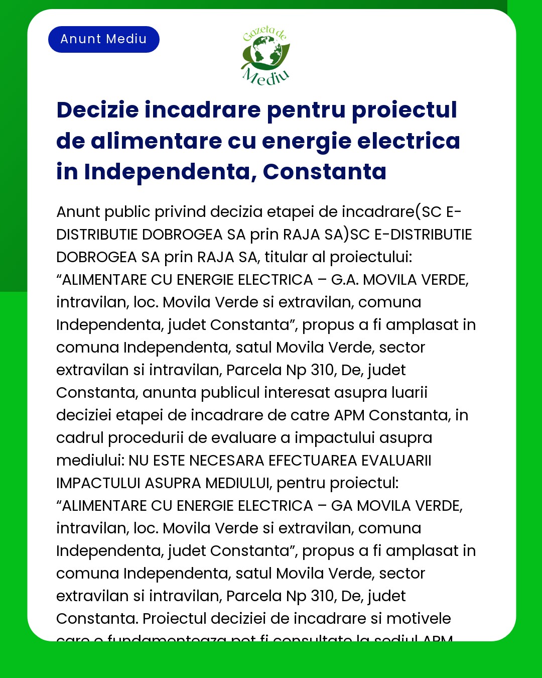 Decizie incadrare pentru proiectul de alimentare cu energie electrica