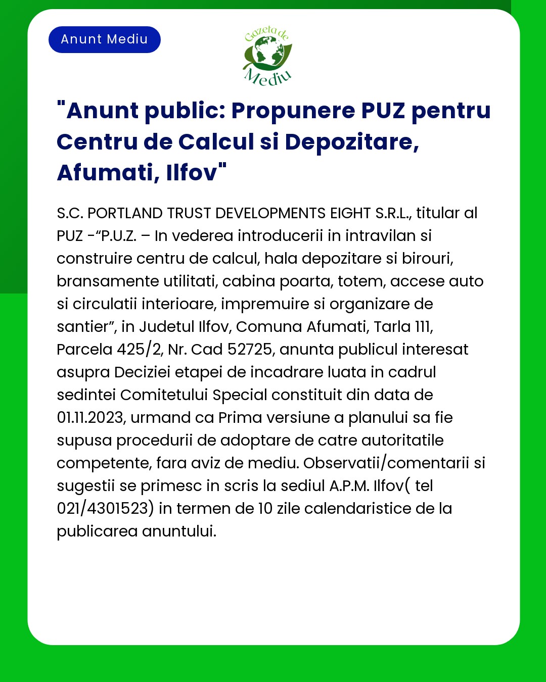 Anunt public: Propunere PUZ pentru Centru de Calcul si Depozitare Afu