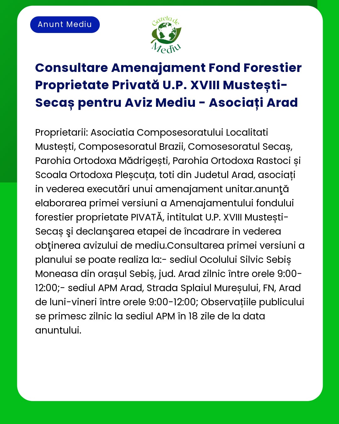 Consultare Amenajament Fond Forestier Proprietate Privată U.P. XVIII M