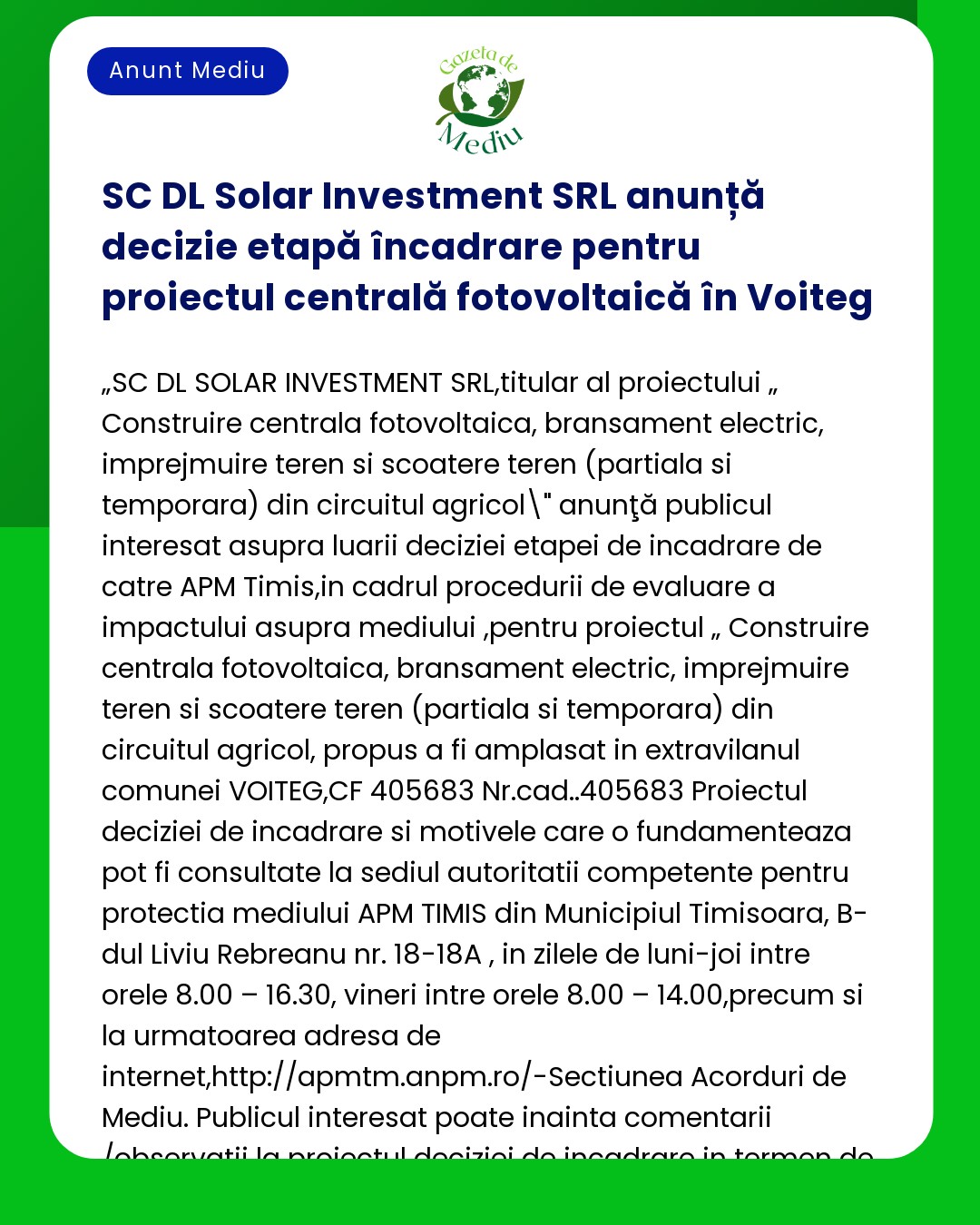 SC DL Solar Investment SRL anunță decizie etapă încadrare pentru proie