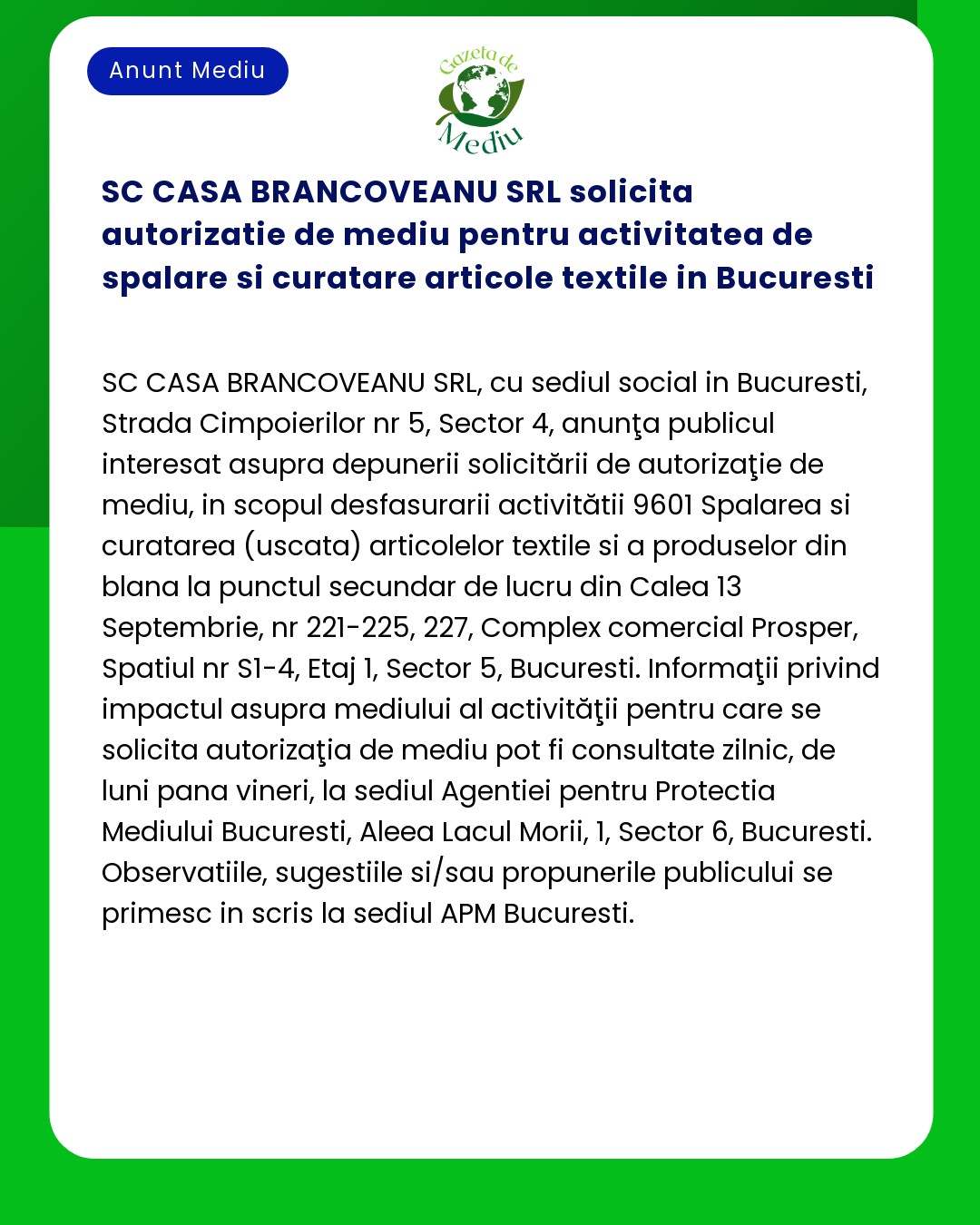 SC CASA BRANCOVEANU SRL solicita autorizatie de mediu pentru activitat