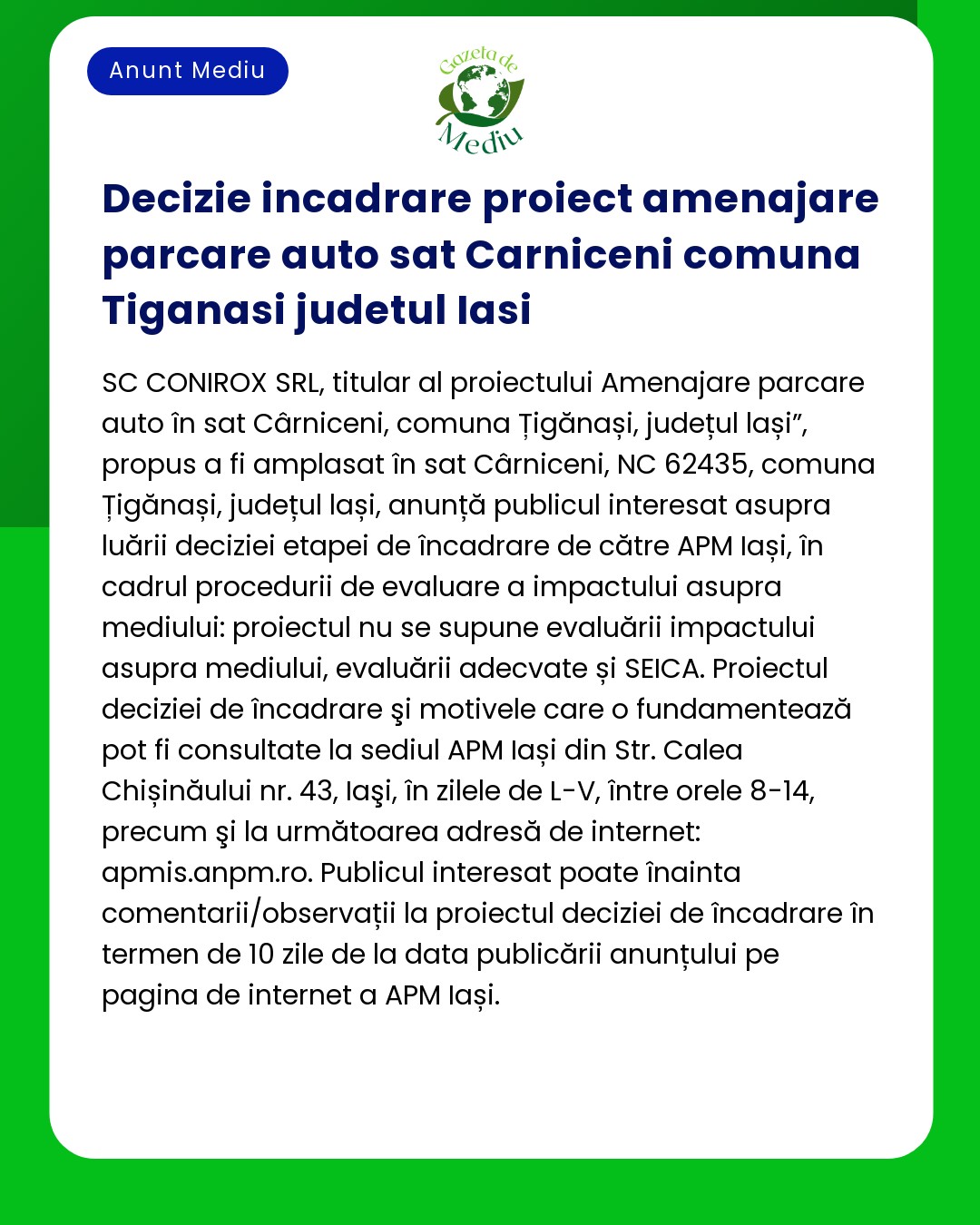 Decizie incadrare proiect amenajare parcare auto sat Carniceni comuna