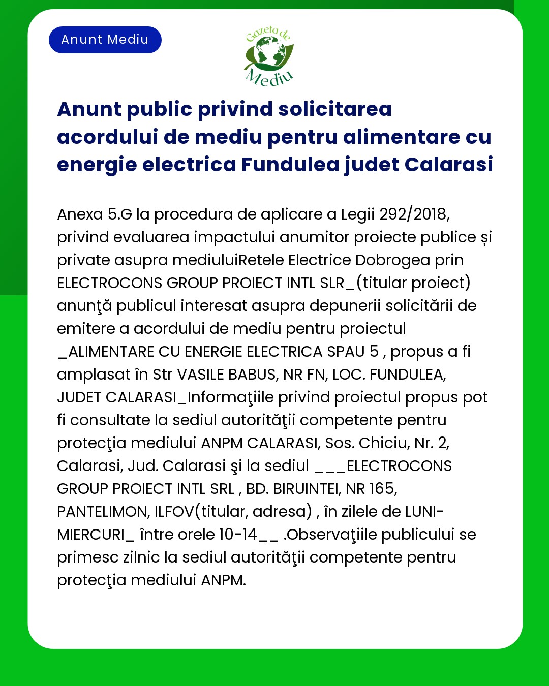 Anunt public privind solicitarea acordului de mediu pentru alimentare