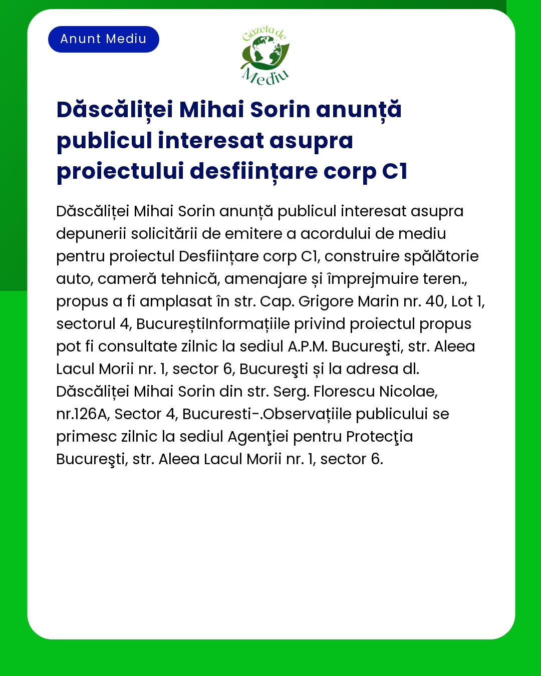 Mihai Sorin anunță demolarea clădirii C1