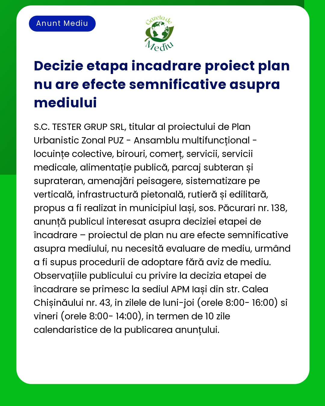 Anunț privind decizia de încadrare a unui proiect din Iași cu informații despre impactul asupra mediului