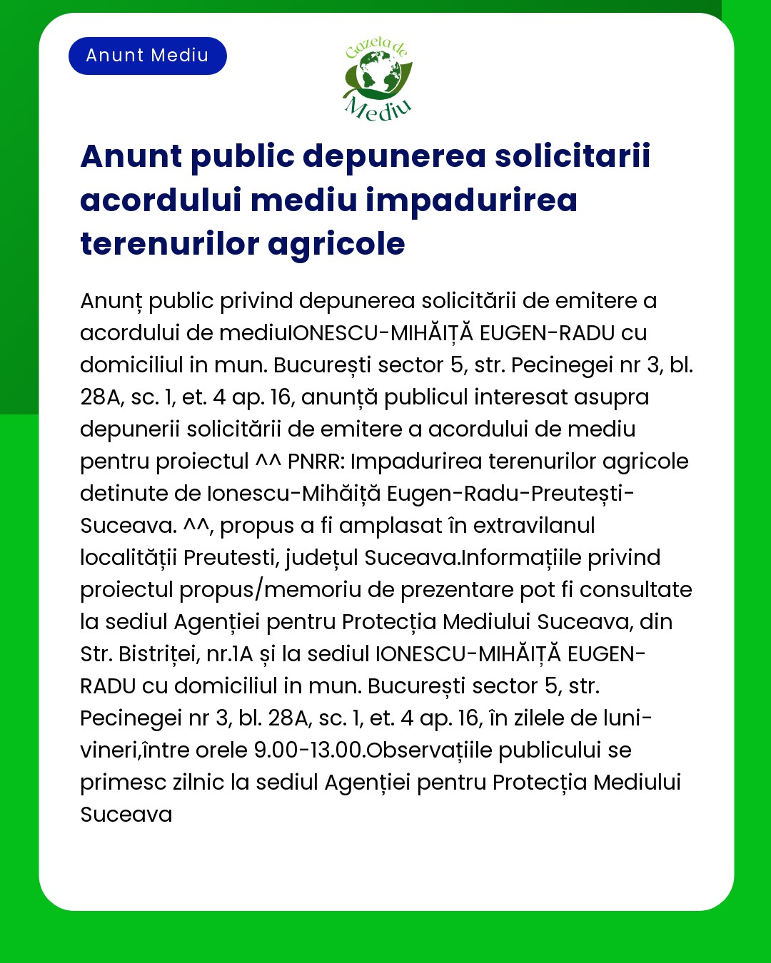 Solicitare de acord de mediu pentru teren agricol detalii procedurale și referințe legislative
