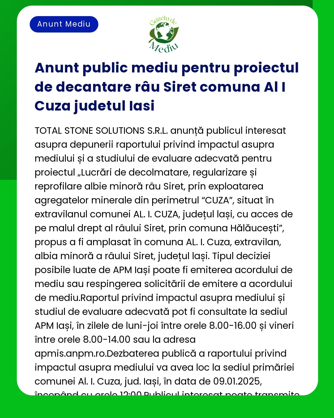 Anunt public mediu pentru proiectul de decantare râu Siret comuna Al I