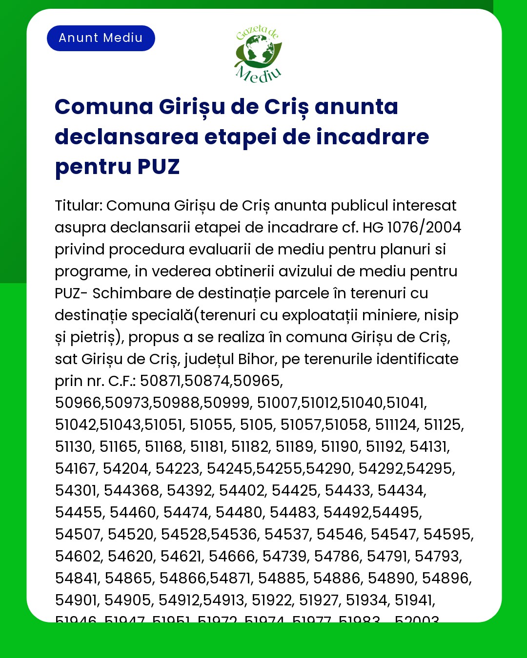 Fluturaș informativ despre Comuna Girișu de Criș prin care se anunță etapa publică pentru evaluarea de mediu PUZ cu detalii privind modificările de destinație a terenului și numerele de parcele enumerate