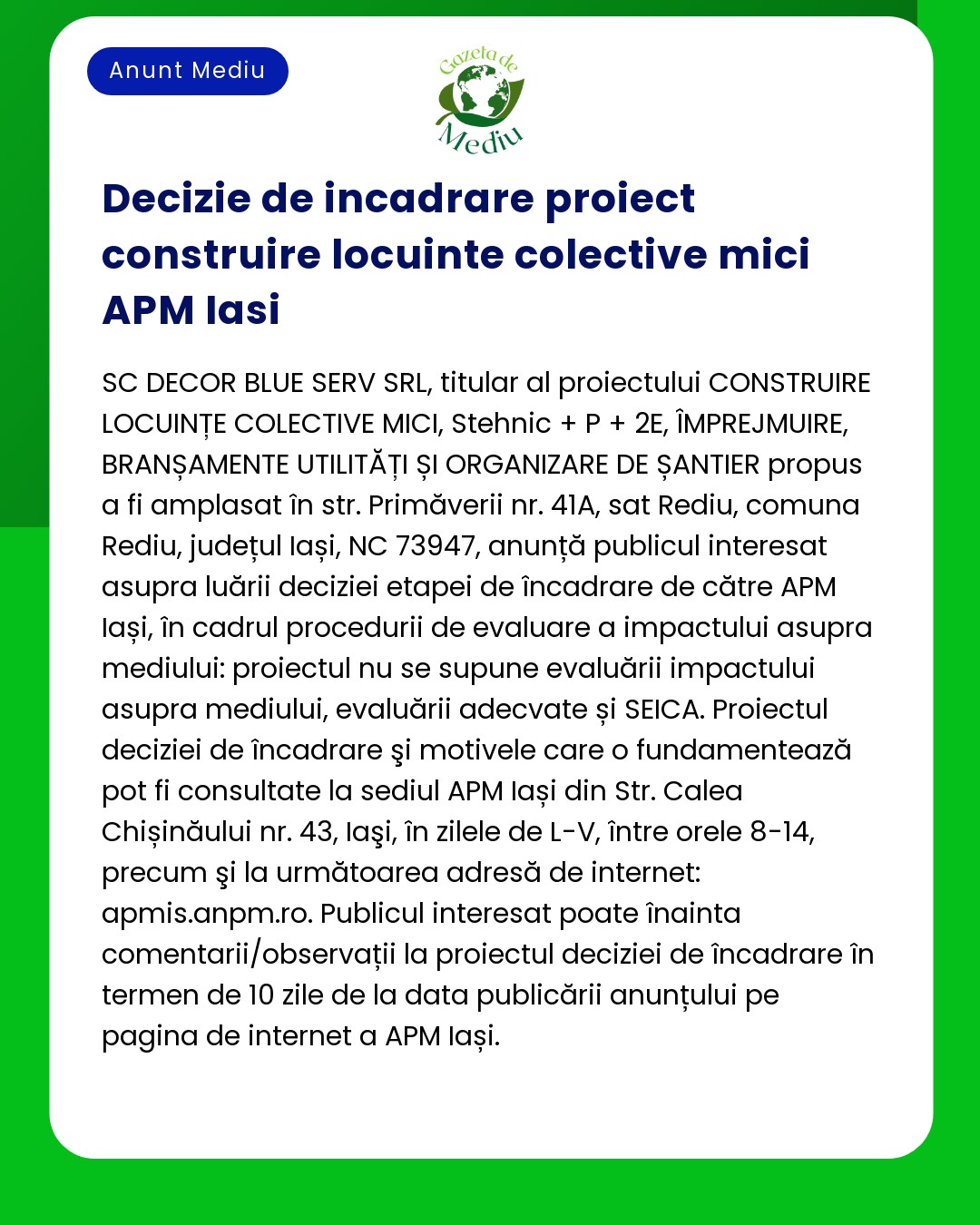 Construcție de locuințe colective mici evaluate de APM Iași în județul Iași