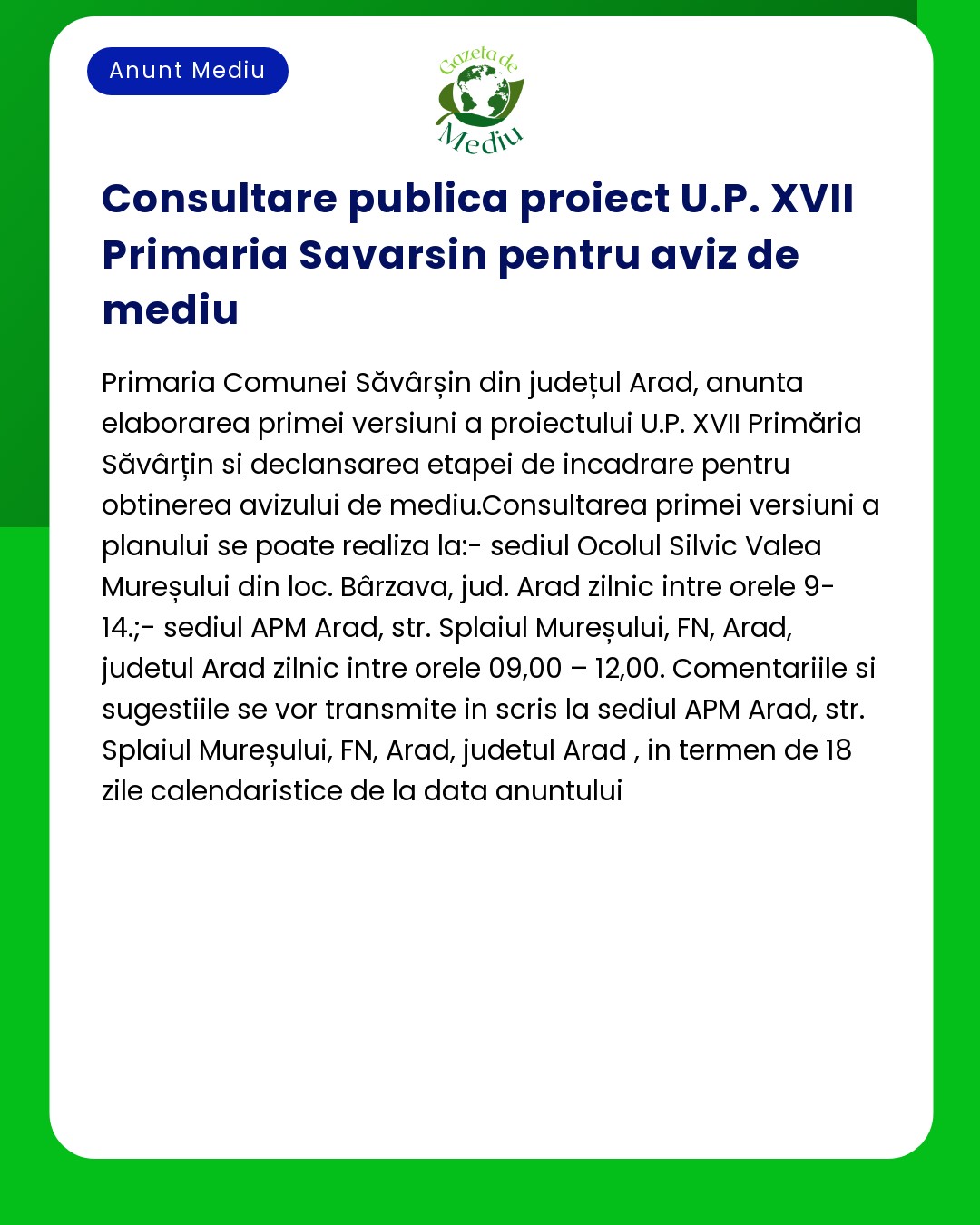 Consultare publica proiect U.P. XVII Primaria Savarsin pentru aviz de
