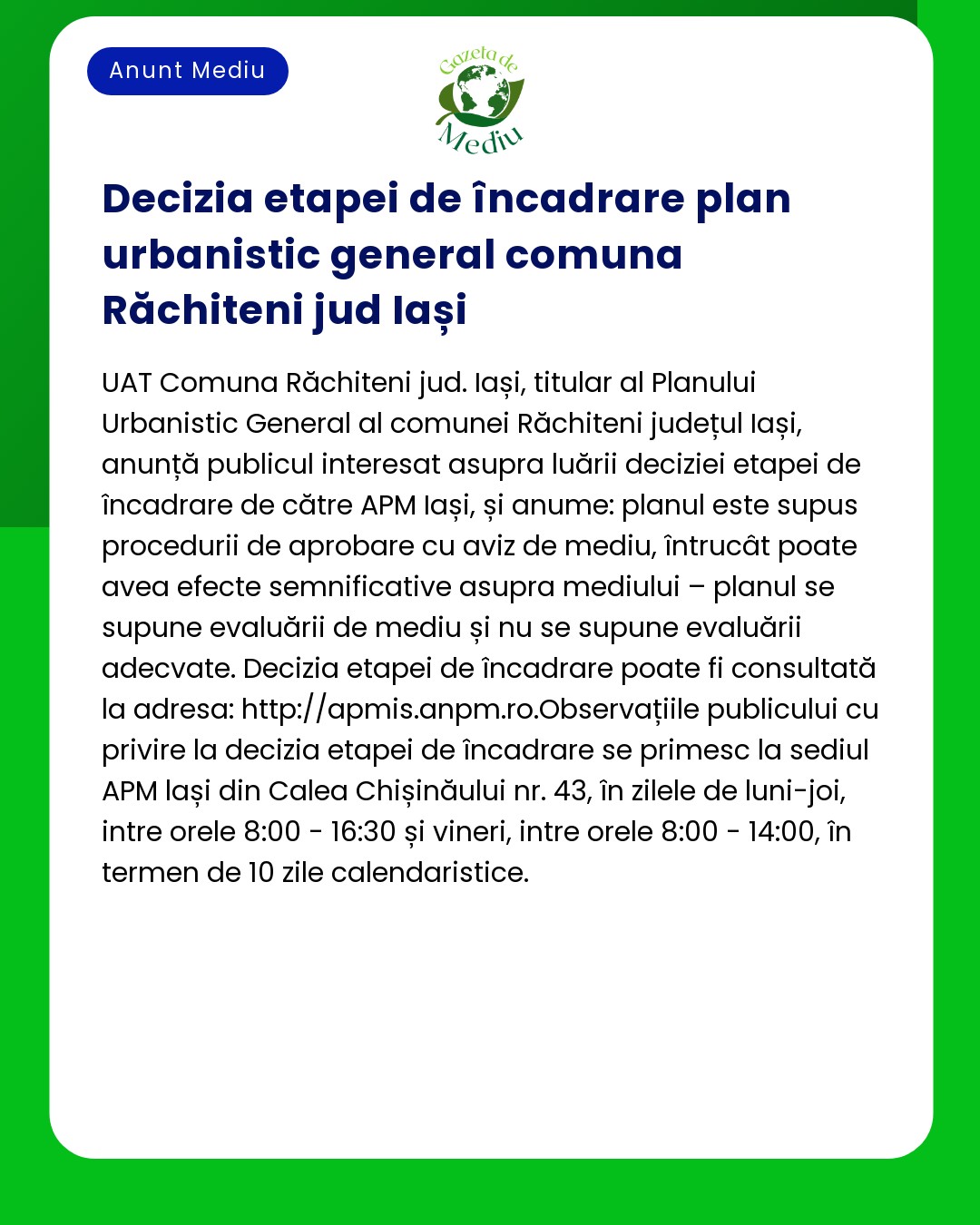 Document informativ care discută stadiul de decizie a unui plan de mediu în Răchiteni județul Iași