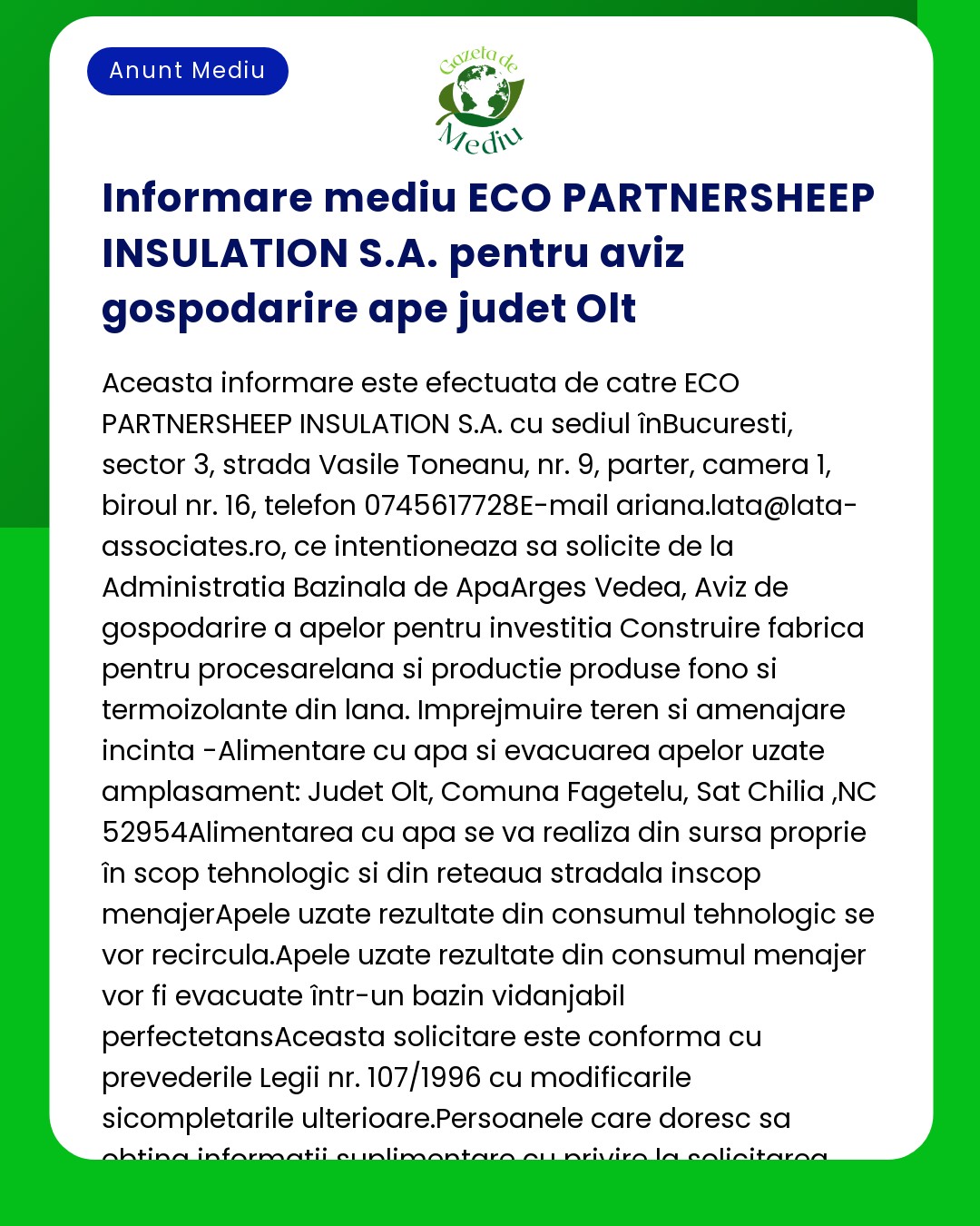 Informare mediu ECO PARTNERSHEEP INSULATION S.A. pentru aviz gospodari