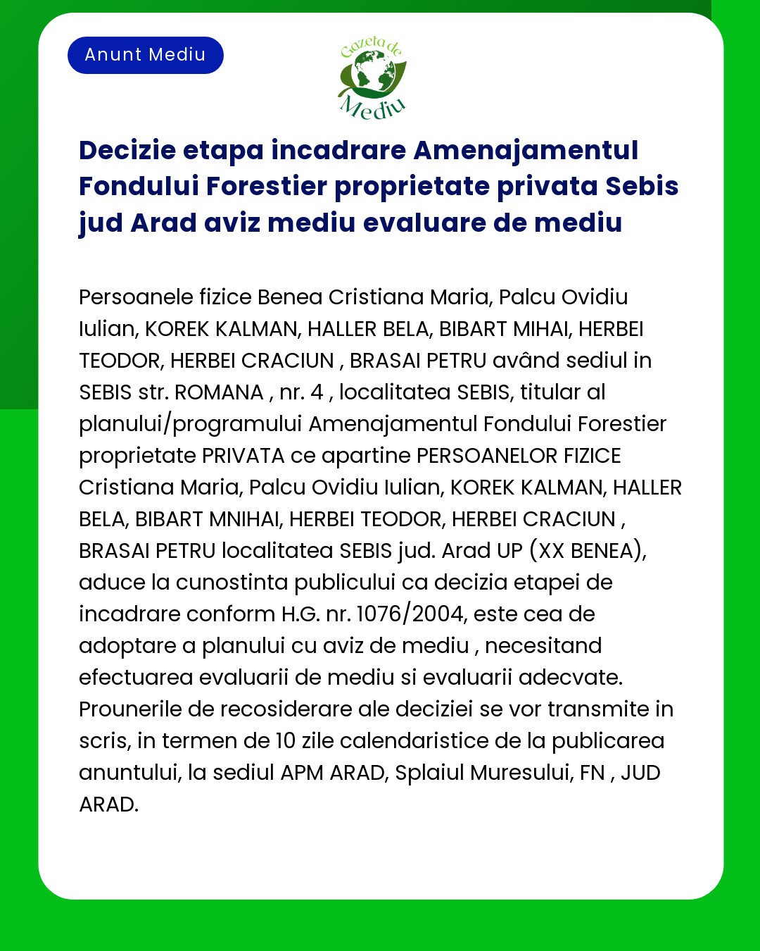 Decizie etapa incadrare Amenajamentul Fondului Forestier proprietate p