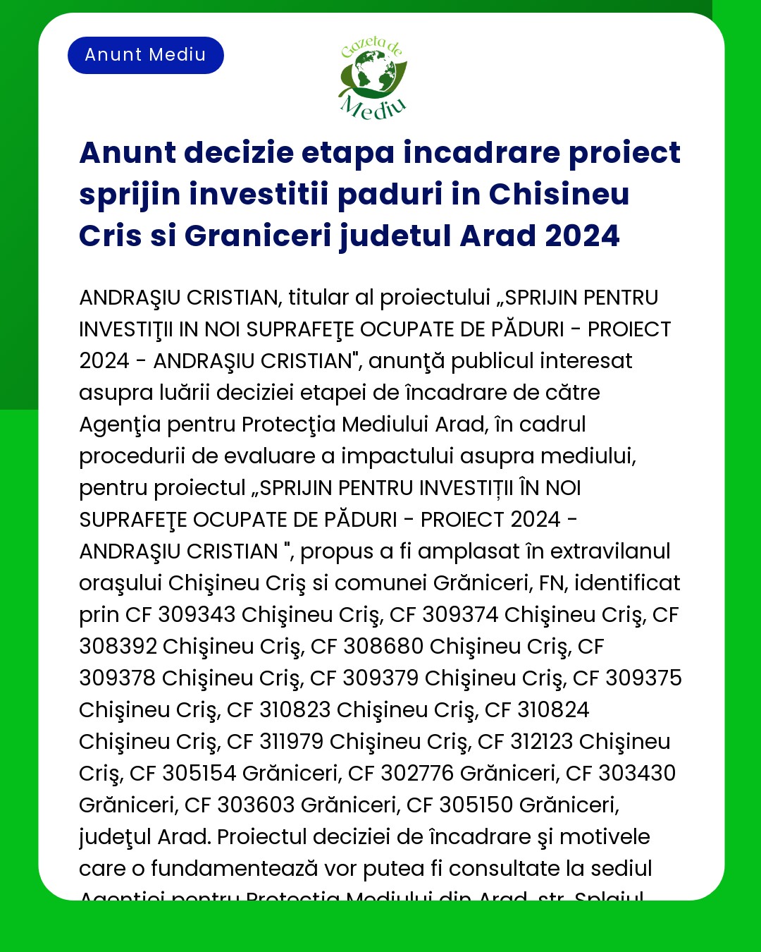 Anunt decizie etapa incadrare proiect sprijin investitii paduri in Chi