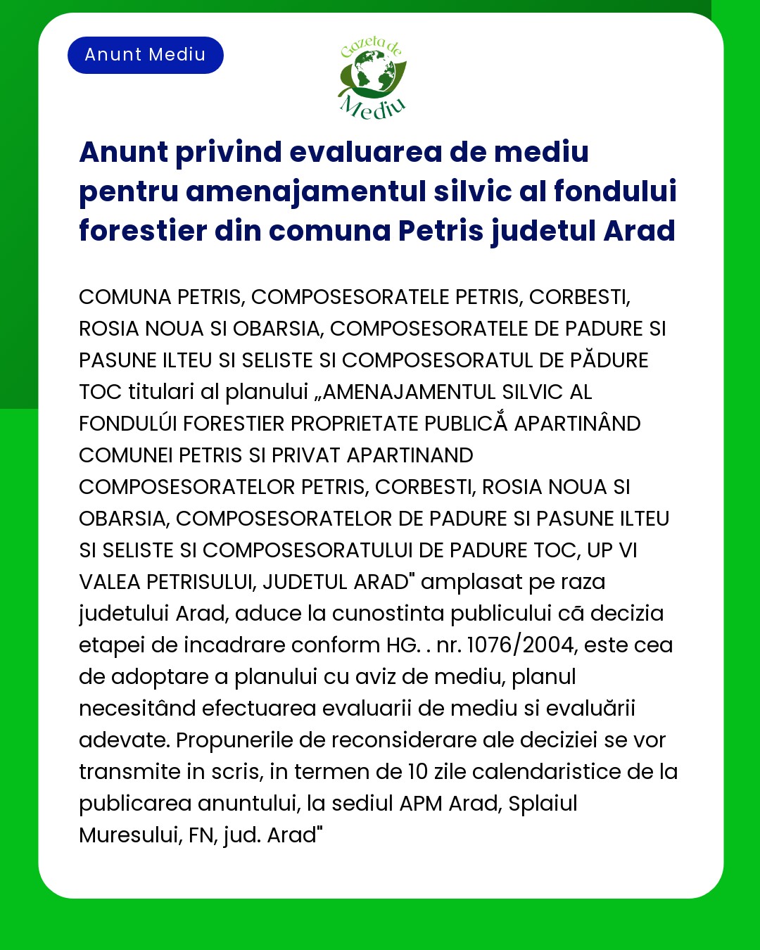 Anunt privind evaluarea de mediu pentru amenajamentul silvic al fondul