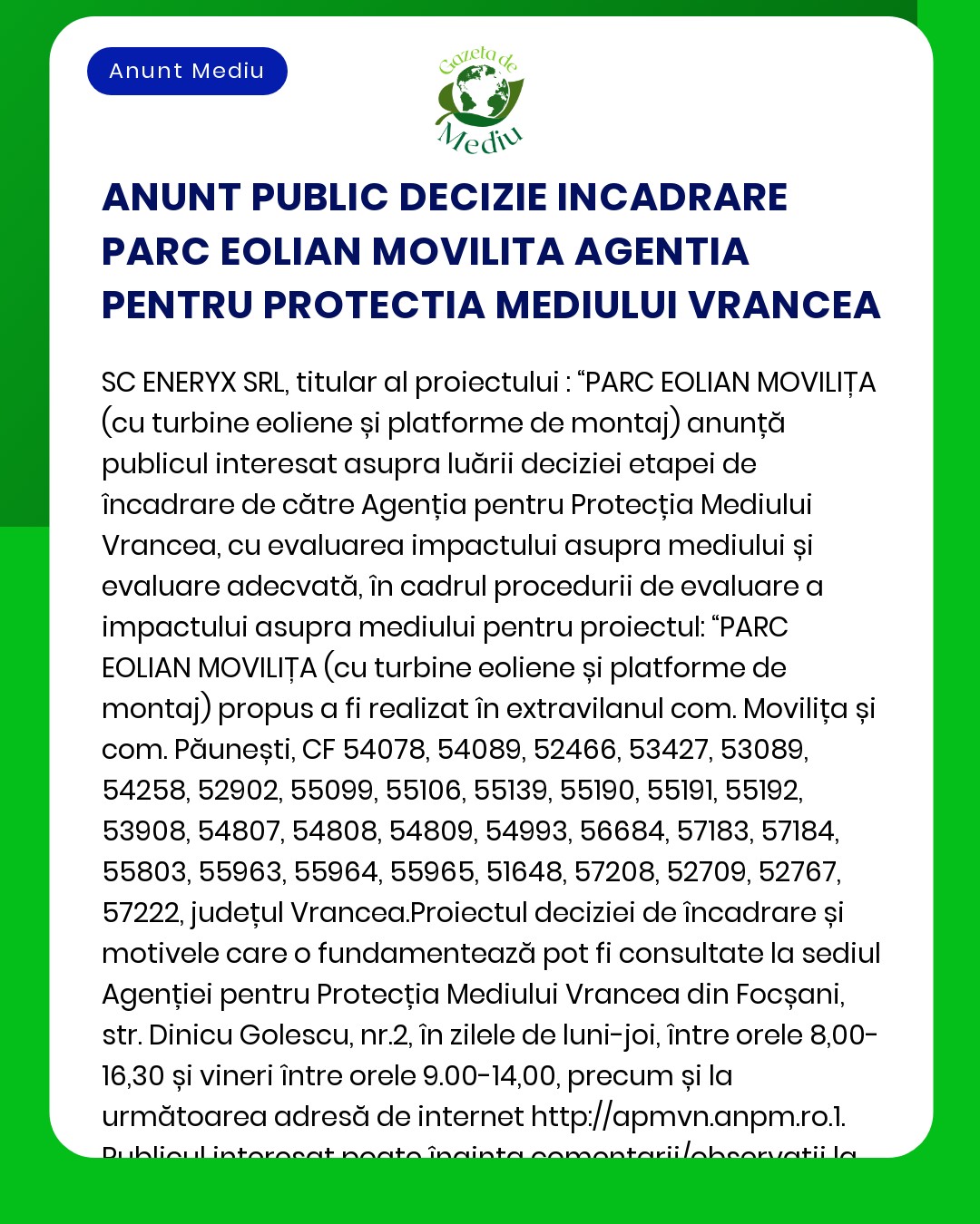 Anunț de luare a deciziei asupra evaluării impactului asupra mediului pentru proiectul Parc Eolian Movilița