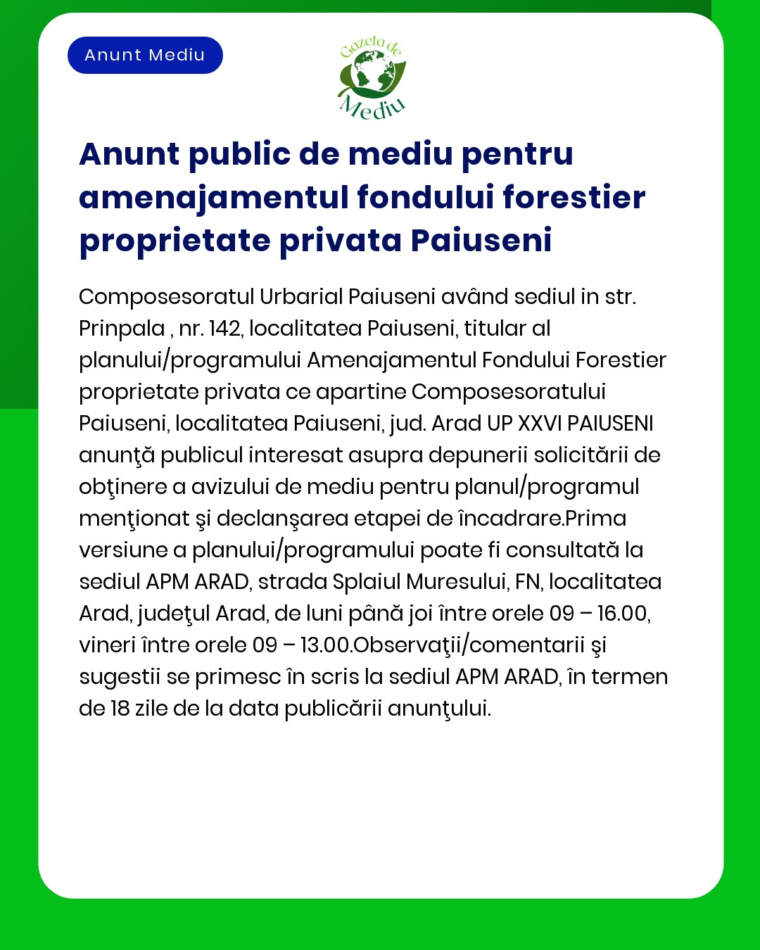 Anunt public de mediu pentru amenajamentul fondului forestier propriet