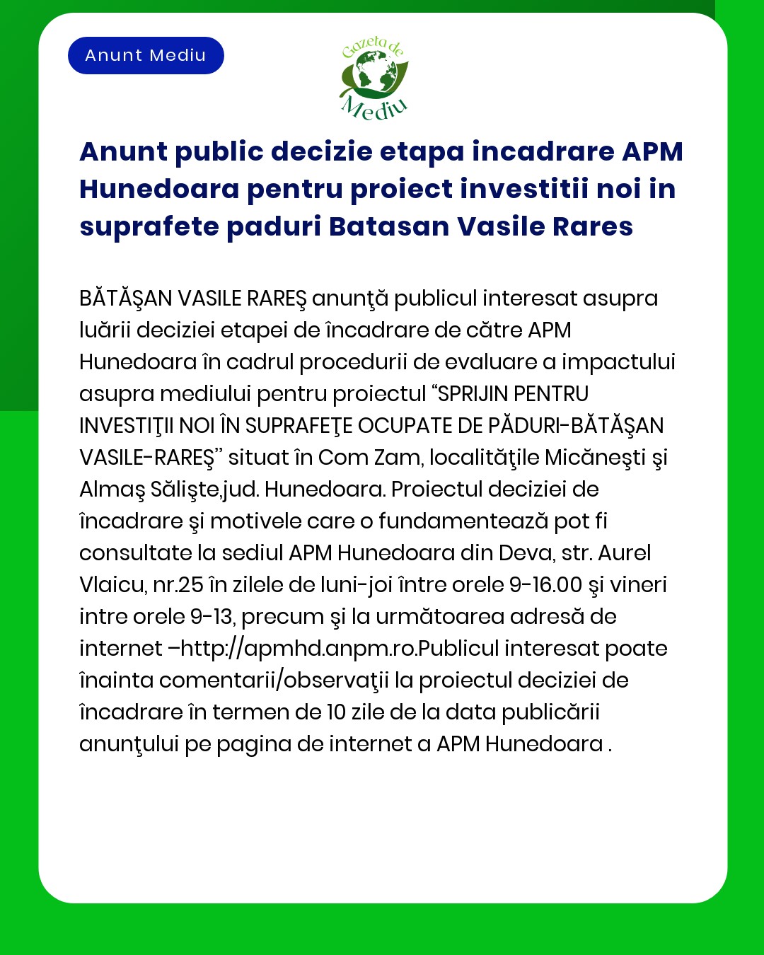 Anunt public decizie etapa incadrare APM Hunedoara pentru proiect inve