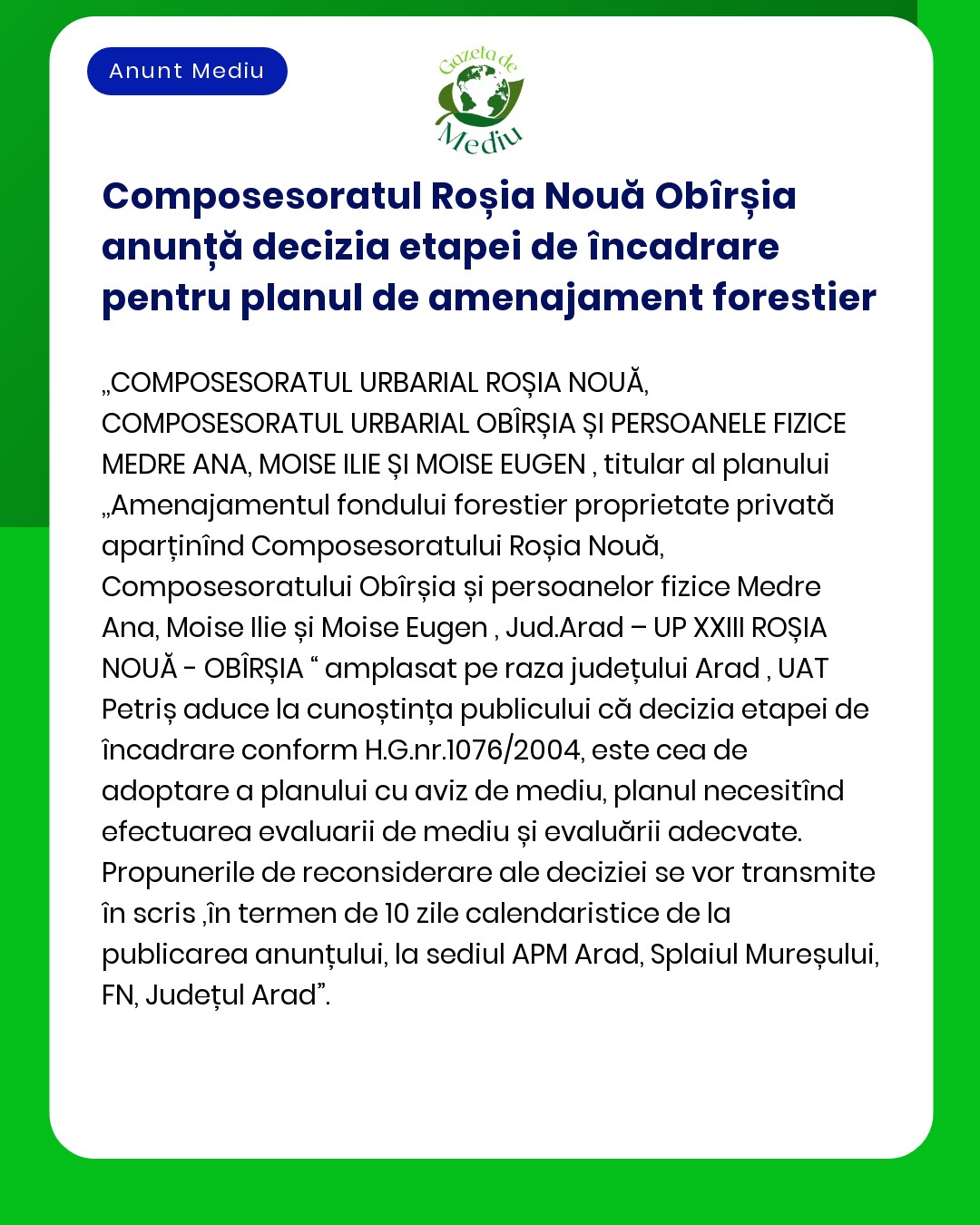 Composesoratul Roșia Nouă Obîrșia anunță decizia etapei de încadrare p