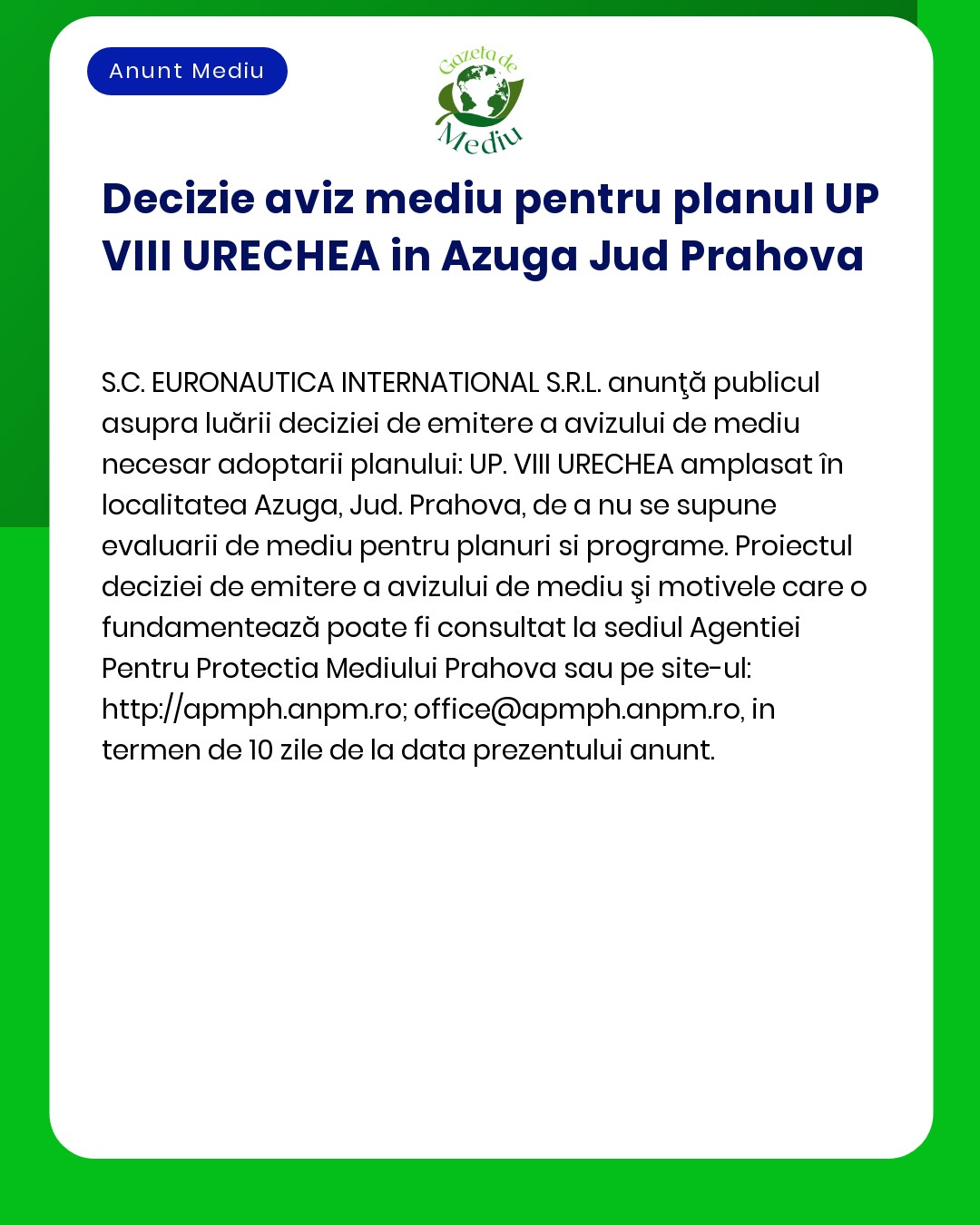 Decizie aviz mediu pentru planul UP VIII URECHEA in Azuga Jud Prahova