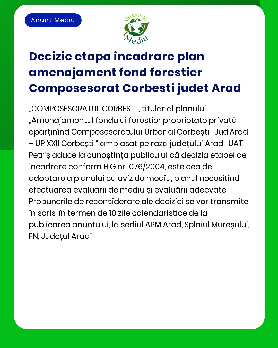 Decizie etapa incadrare plan amenajament fond forestier Composesorat C