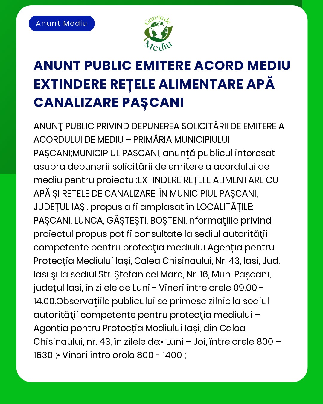 Aviz de mediu pentru proiectul propus la municipiul Pașcani județul Iași