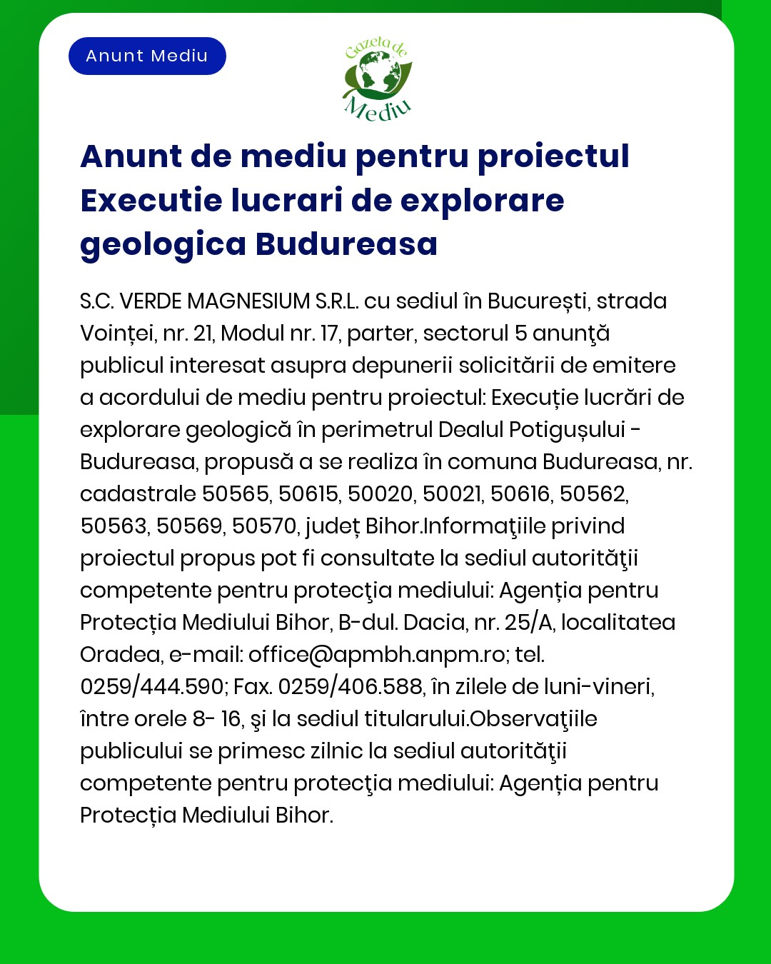Notificare privind aprobarea de mediu pentru lucrări de explorare geologică în Budureasa Includeți detalii de contact și informații procedurale