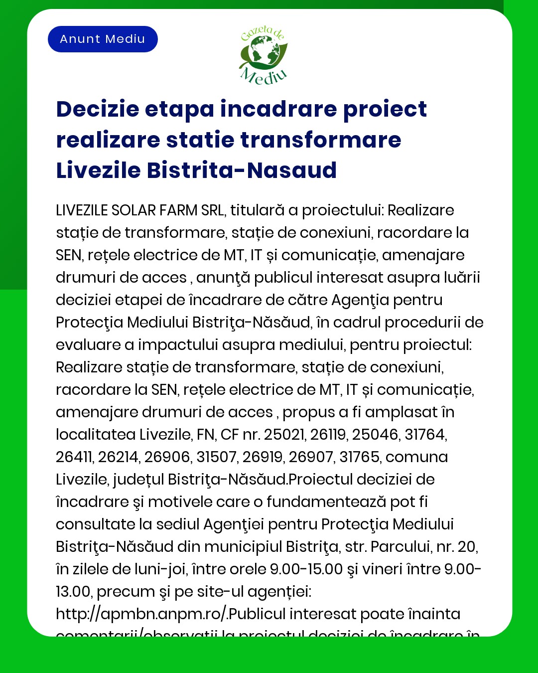 Anunț informativ despre o etapă de decizie a proiectului privind transformările în Livezile Bistrița-Năsăud cu detalii și informații de contact