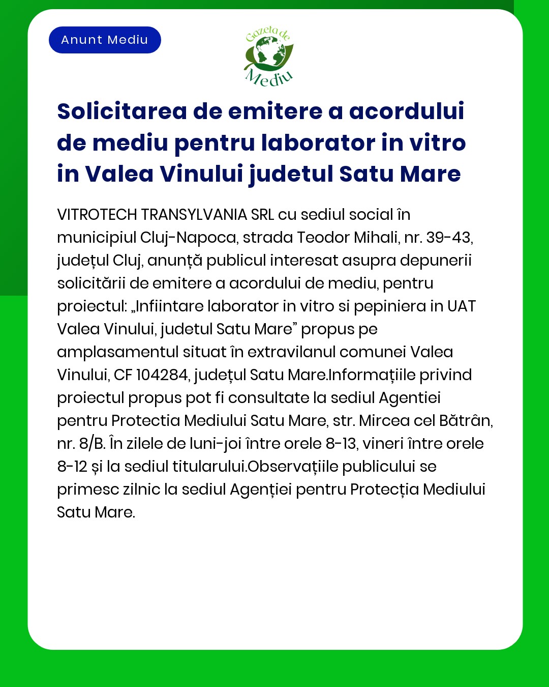 Solicitarea de emitere a acordului de mediu pentru laborator in vitro