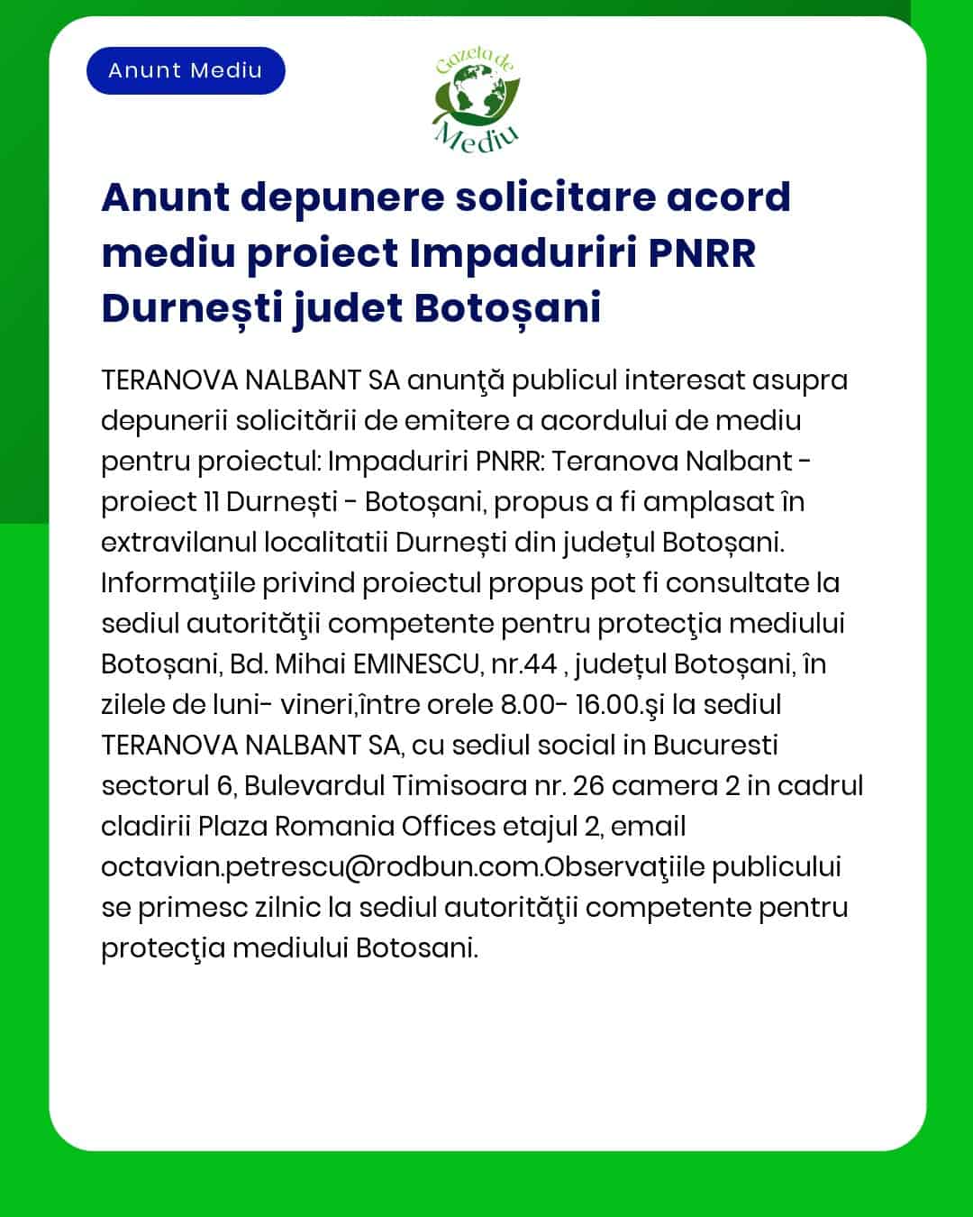 Anunt depunere solicitare acord mediu proiect Impaduriri PNRR Durnești