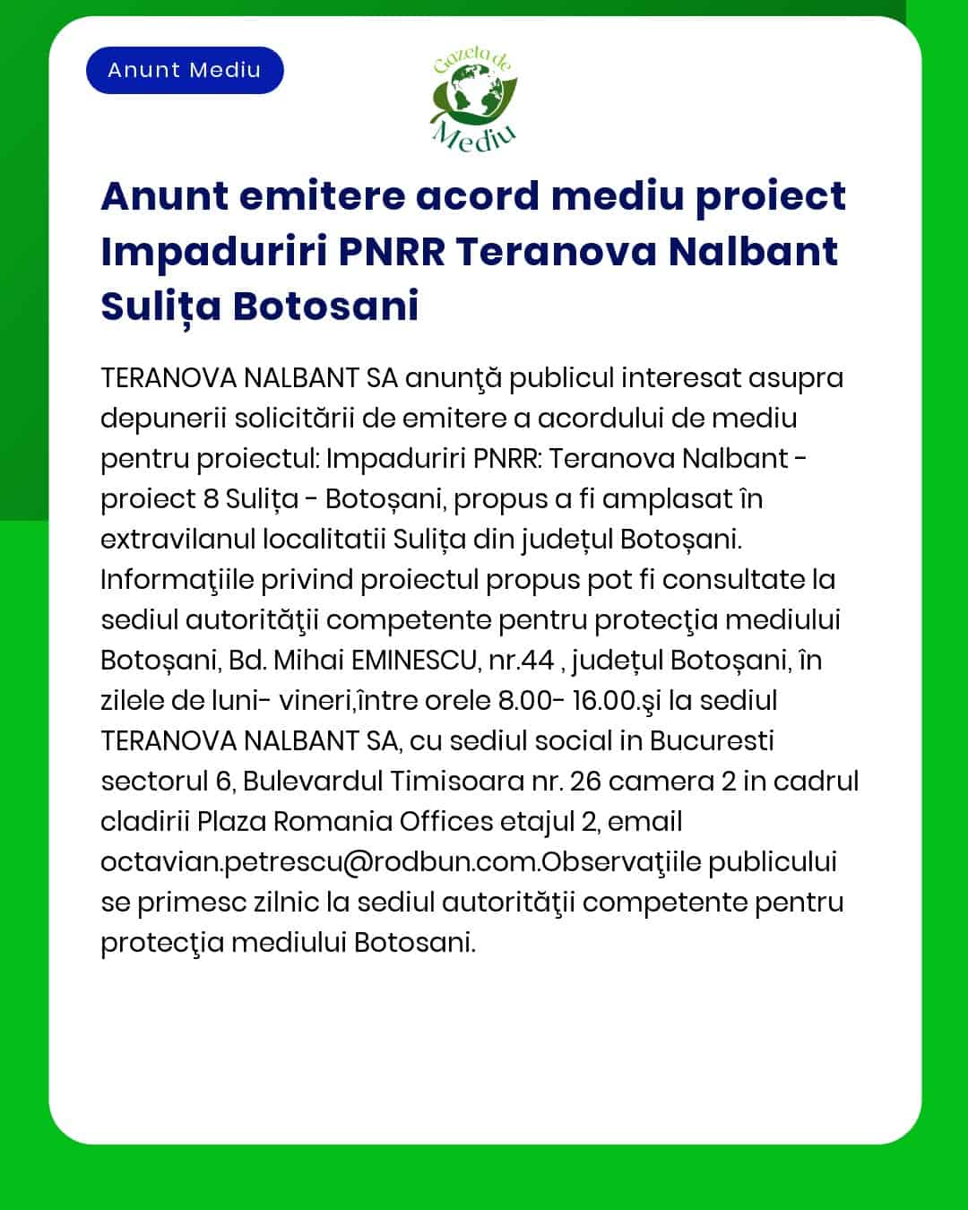 Anunt emitere acord mediu proiect Impaduriri PNRR Teranova Nalbant Sul