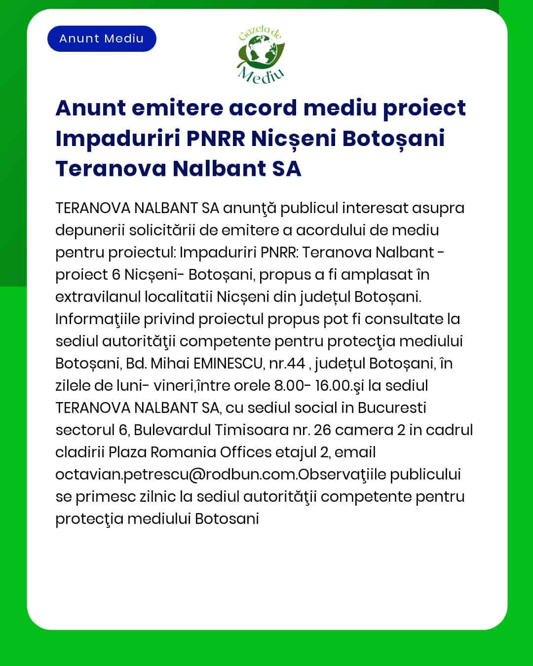 Anunt emitere acord mediu proiect Impaduriri PNRR Nicșeni Botoșani Ter