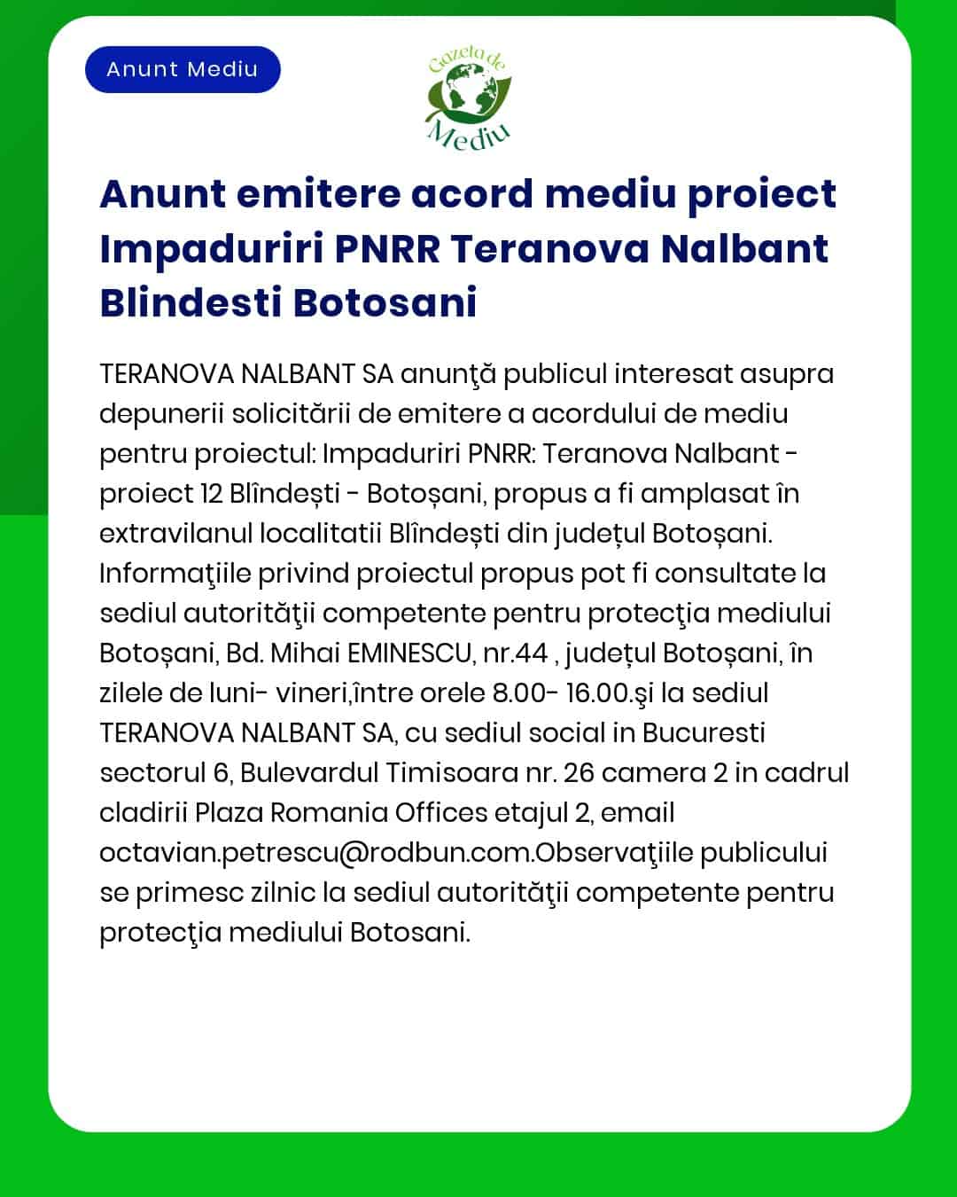 Anunt emitere acord mediu proiect Impaduriri PNRR Teranova Nalbant Bli