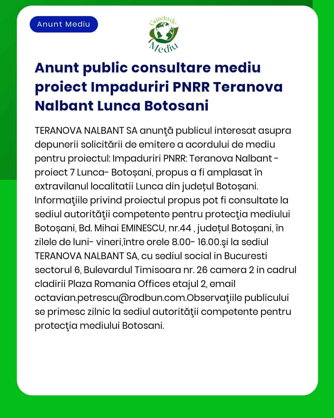 Anunt public consultare mediu proiect Impaduriri PNRR Teranova Nalbant