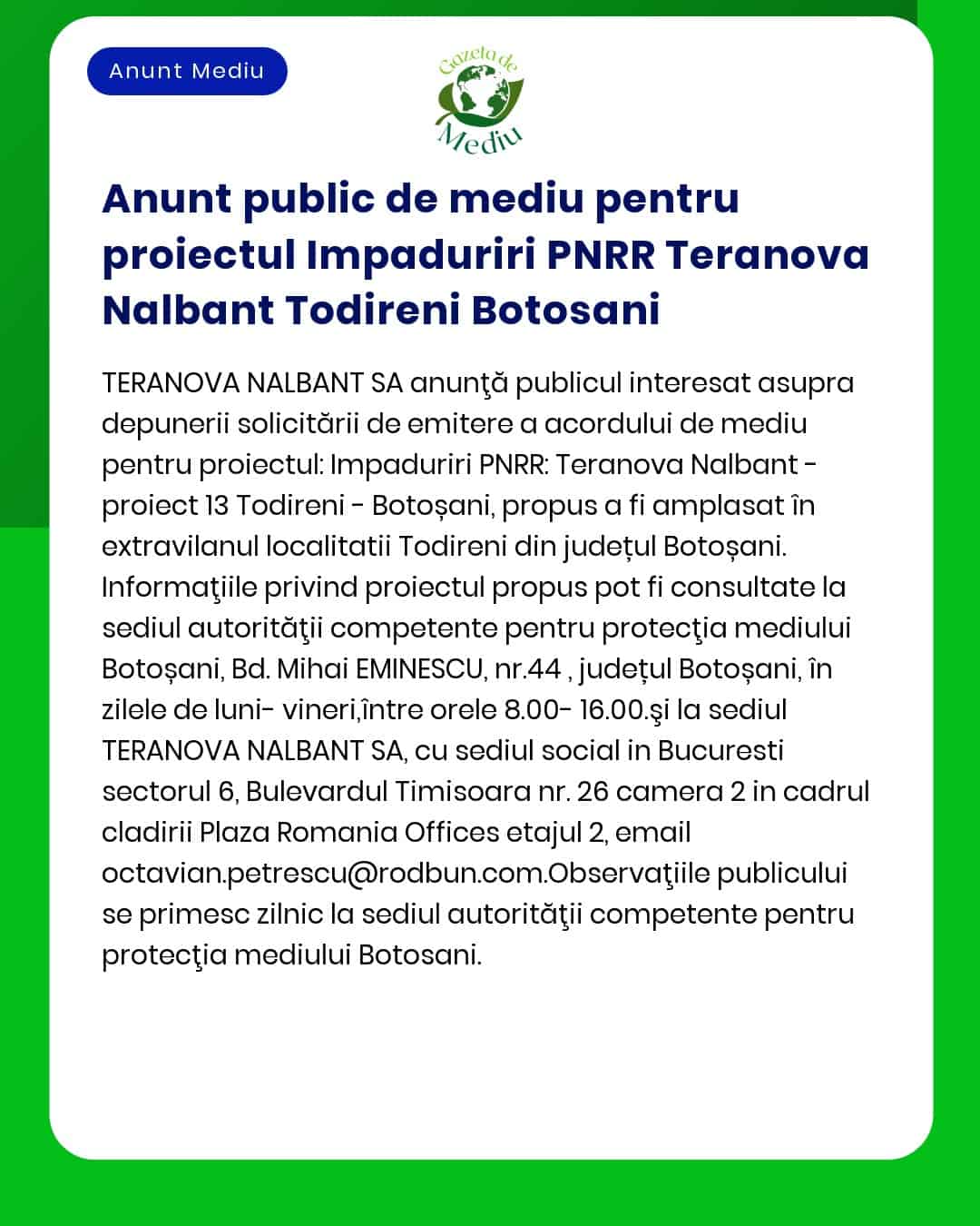 Anunt public de mediu pentru proiectul Impaduriri PNRR Teranova Nalban
