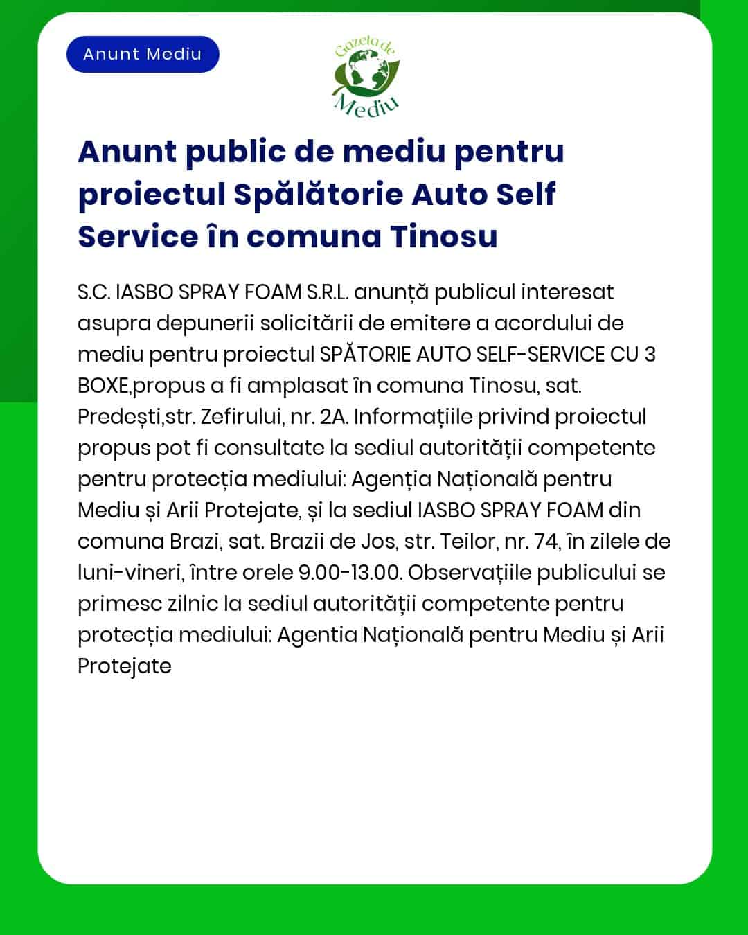 Anunt public de mediu pentru proiectul Spălătorie Auto Self Service în