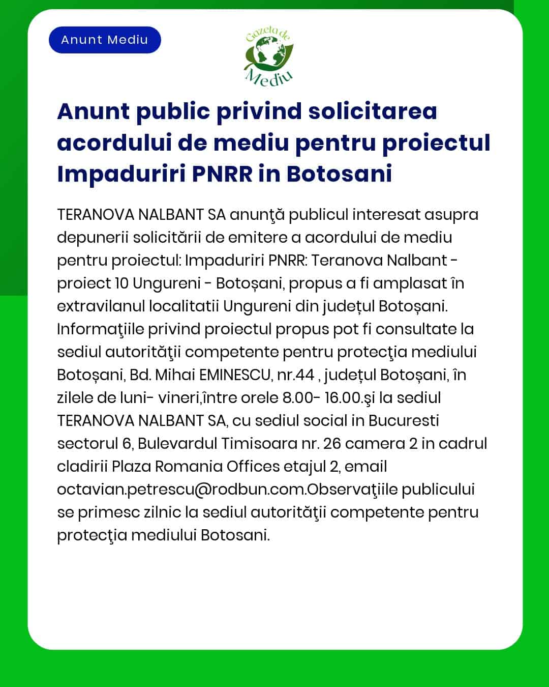 Anunt public privind solicitarea acordului de mediu pentru proiectul I