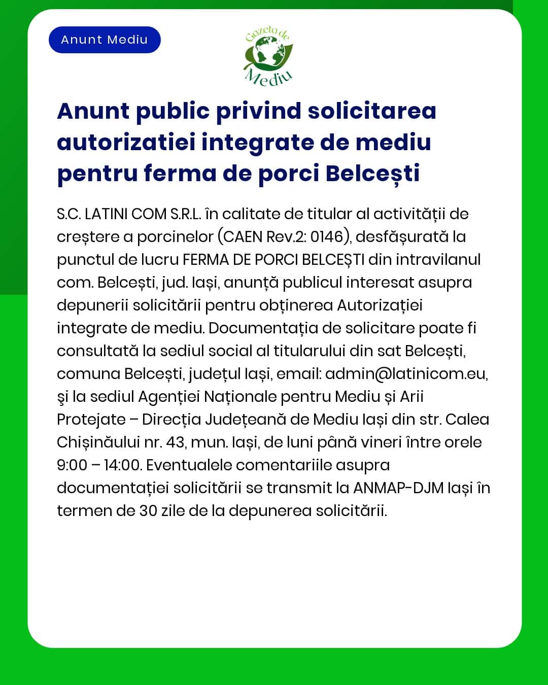 Anunt public privind solicitarea autorizatiei integrate de mediu pentr