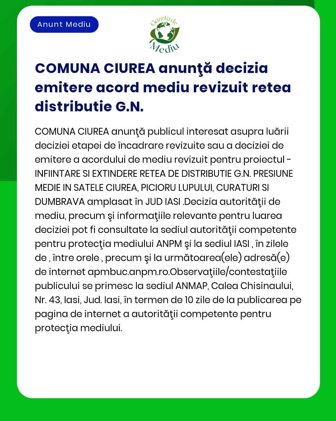 APM a decis că nu este necesară efectuarea evaluării impactului asupra mediului pentru proiectul Înființare rețea de distribuție gaze naturale în localități Olari Făgădău și Hurezani