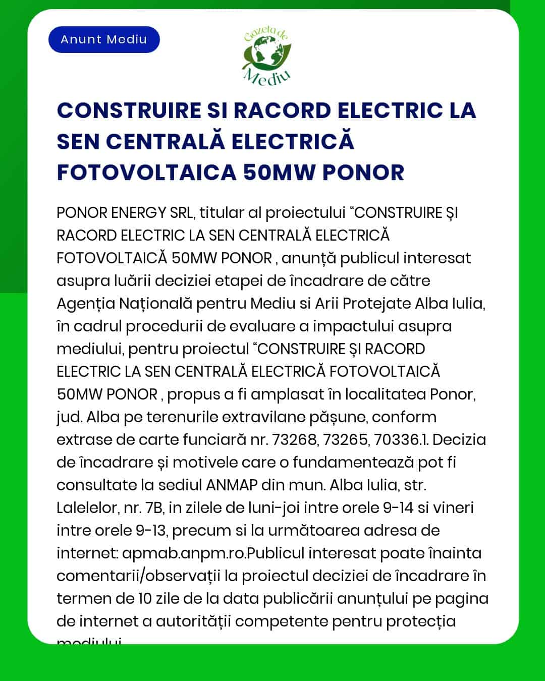 Construcție și racorare centrală electrică 50MW în localitatea Ponor