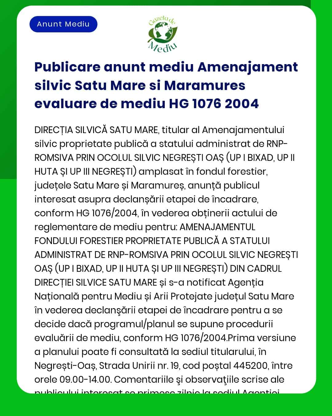 Publicare anunt mediu Amenajament silvic Satu Mare si Maramures evalua