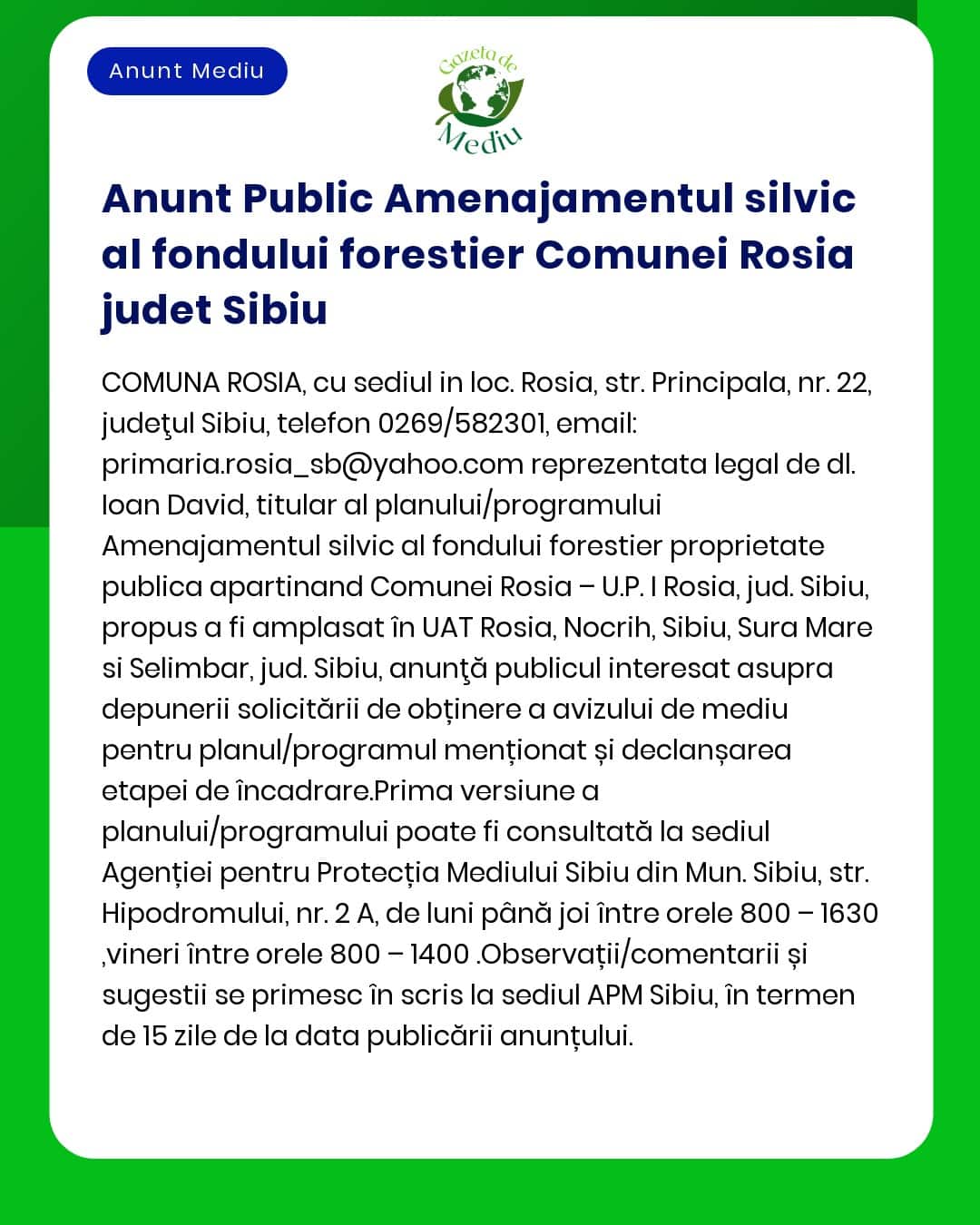 Anunt Public Amenajamentul silvic al fondului forestier Comunei Rosia