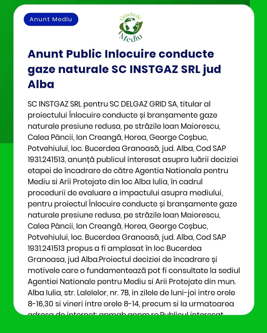 Anunt Public Inlocuire conducte gaze naturale SC INSTGAZ SRL jud Alba