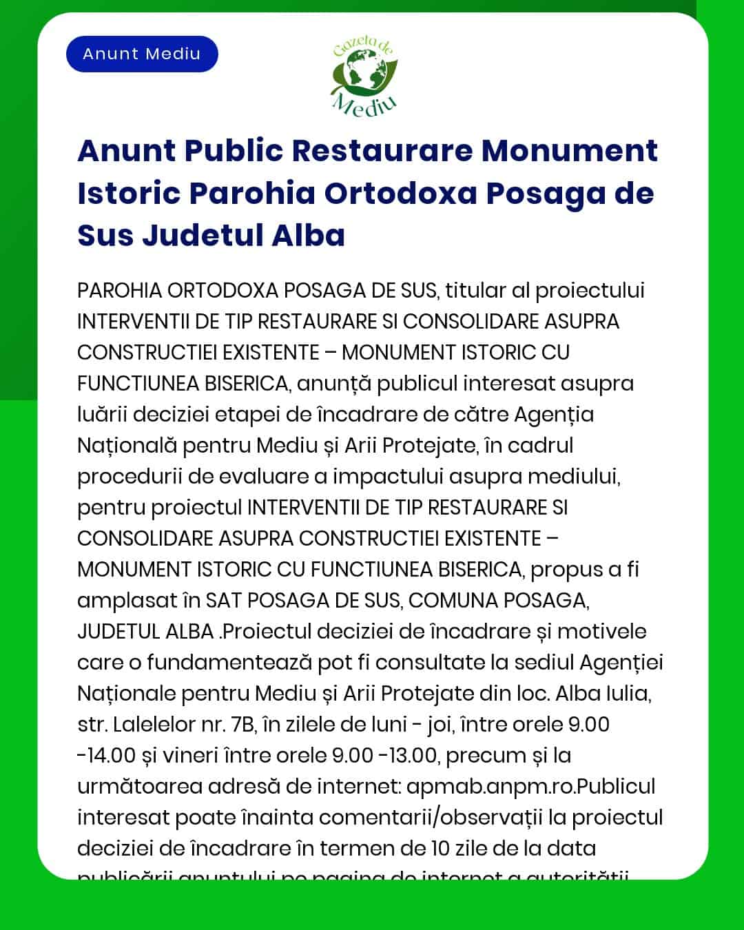 Anunt Public Restaurare Monument Istoric Parohia Ortodoxa Posaga de Su
