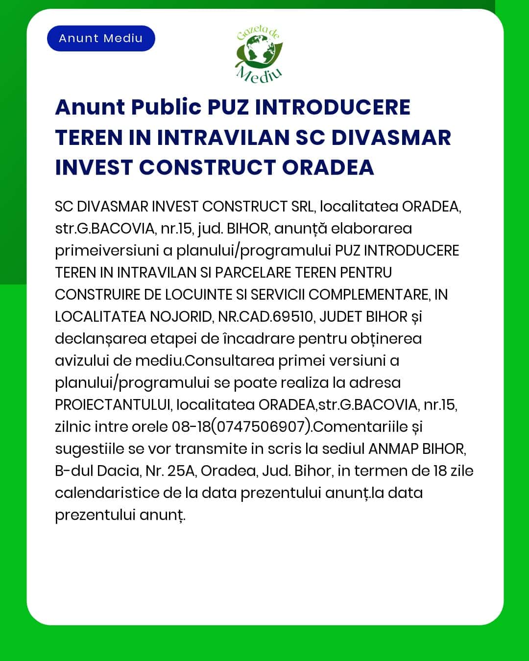 APM anunță decizia de emitere a acordului de mediu pentru introducerea în intravilanul municipiului Oradea a unor terenuri cu destinația de construire locuințe