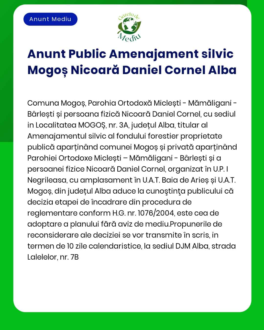 Anunt Public Amenajament silvic Mogoș Nicoară Daniel Cornel Alba