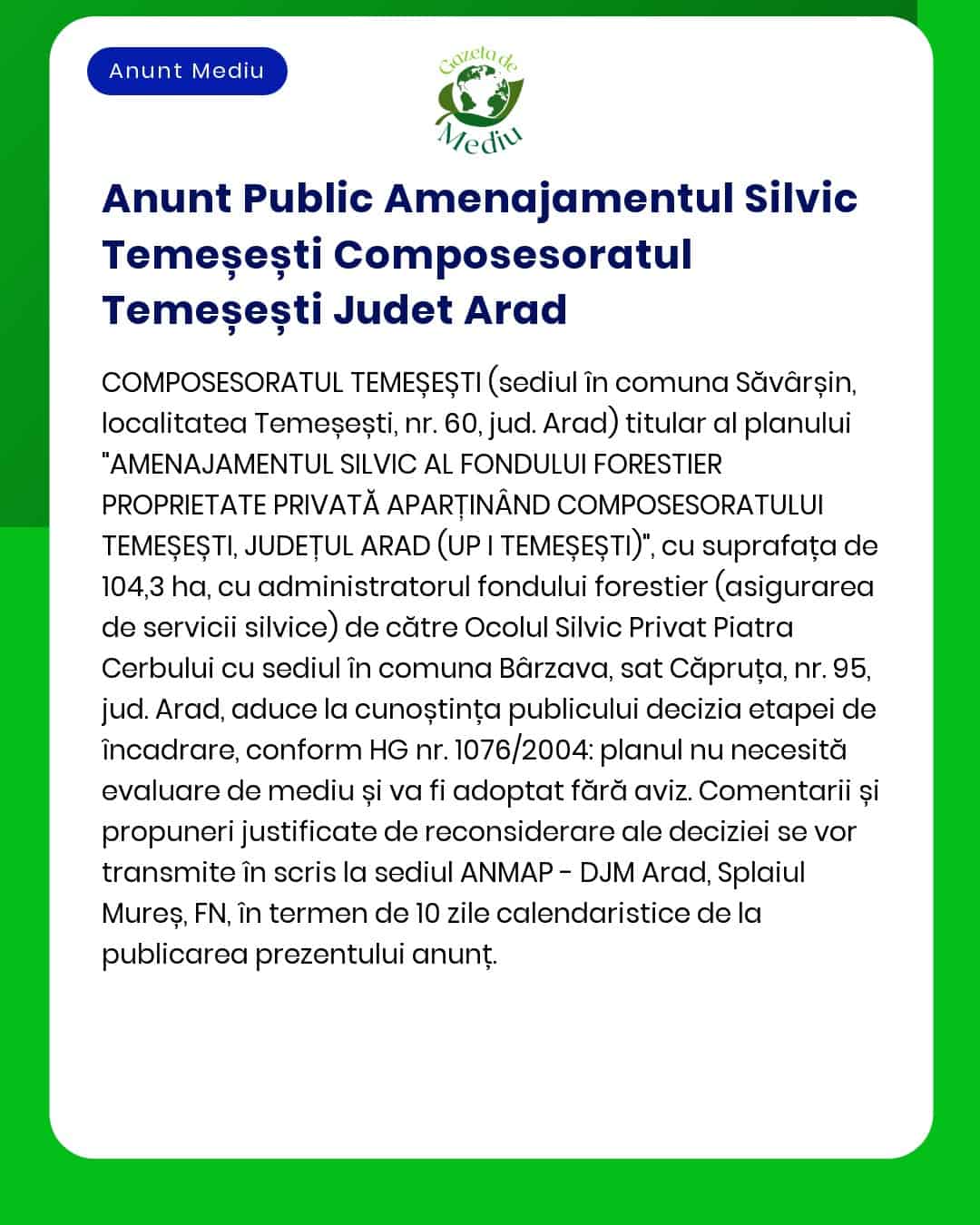Anunt Public Amenajamentul Silvic Temeșești Composesoratul Temeșești J